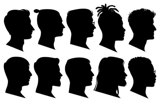 Silhouette man heads in profile. Black face outline avatars, professional male profiles anonymous portraits with hairstyle, vector set