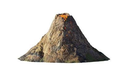 volcanic eruption, lava coming down a volcano, isolated on white background