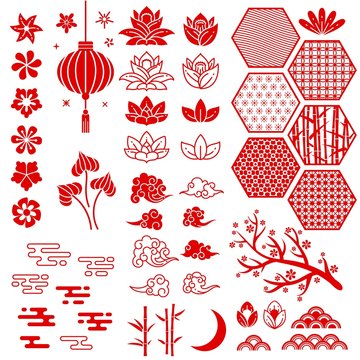 Chinese new year elements. Festive oriental asian style. Red cloud, flowers and moon, bamboo and sakura, lotus leaves vector collection