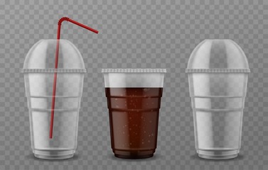Plastic cup with sphere dome cap. Empty transparent disposable cups, takeaway container for cola, mojito 3d realistic mockup vector set