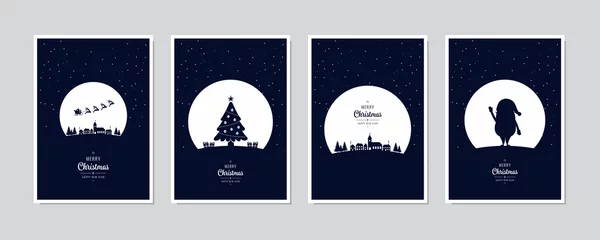 Merry Christmas Card Set Santa Taschenspielertrick Nacht Baum Gruß Text Schriftzug blau schneebedeckten Nacht Hintergrund Vektor. © Pixasquare