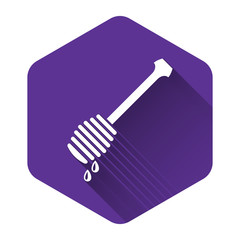 White Honey dipper stick with dripping honey icon isolated with long shadow. Honey ladle. Purple hexagon button. Vector Illustration