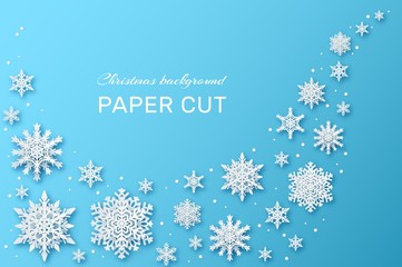 Snowflakes design. Christmas and happy new year wallpaper with paper cut snowflake. Winter holidays greeting card, xmas vector background