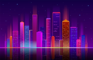 Fototapeta na wymiar Night city. Building with neon light, future skyline with skyscrapers. Urban abstract landscape, downtown panorama vector background