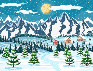 Winter christmas background. Pine tree wood and snow. Winter landscape with fir trees forest, mountain and village. Happy new year celebration. New year xmas holiday. Vector illustration flat style