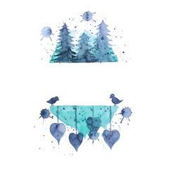 Spruces and hearts frame. New Year trees, birds and hearts isolatid on a white background. Watercolor illustration draw by hand.