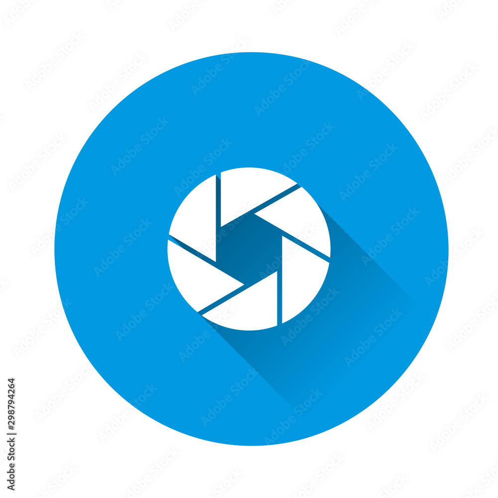 Poster vector camera lens icon. camera shutter on blue background. flat image with long shadow.