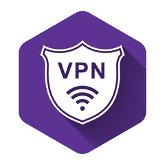 White Shield with VPN and WiFi wireless internet network symbol icon with long shadow. VPN protect safety concept. Virtual private network for security. Purple hexagon button. Vector Illustration