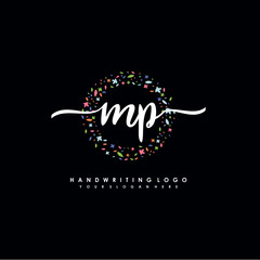 MP initials handwritten logo with flower templates surround the letters. initial wedding template vector