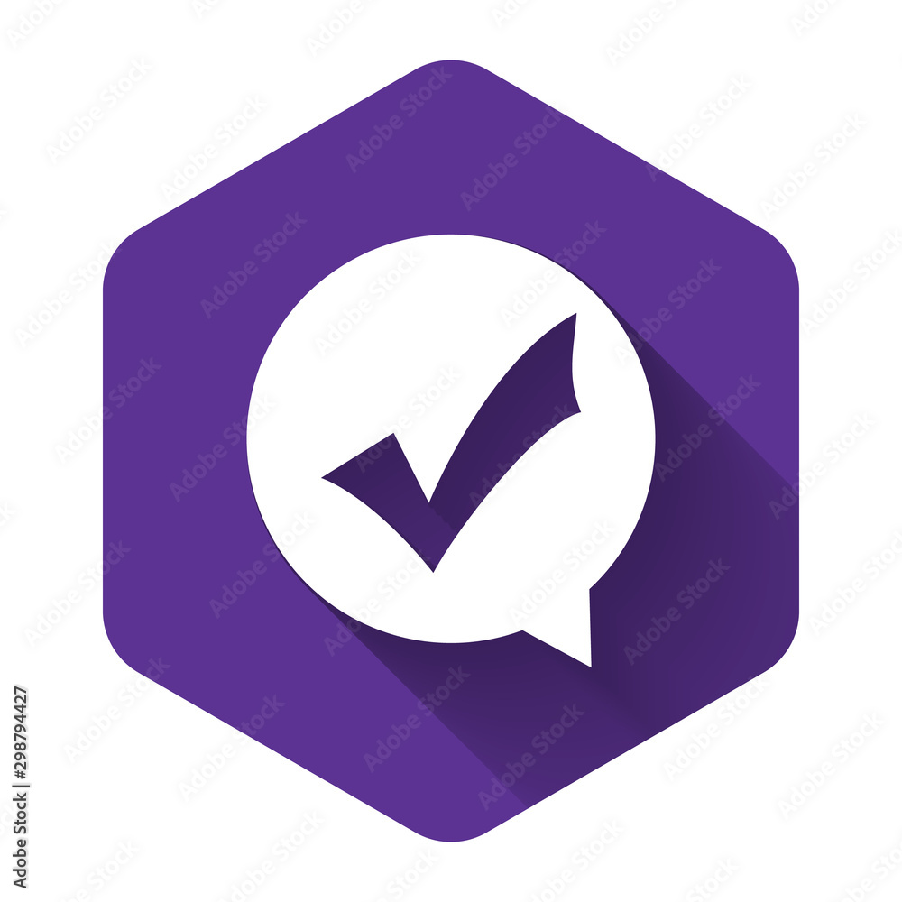 Poster white check mark in circle icon isolated with long shadow. choice button sign. checkmark symbol. spe