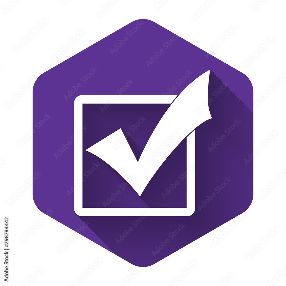 Poster white check mark in a box icon isolated with long shadow. tick symbol. check list button sign. purpl