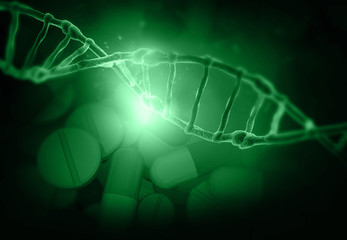 Dna on medicine capsules background. 3d illustration .