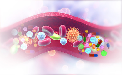 Medicines and virus in bloodstream. Medical background. 3d illustration