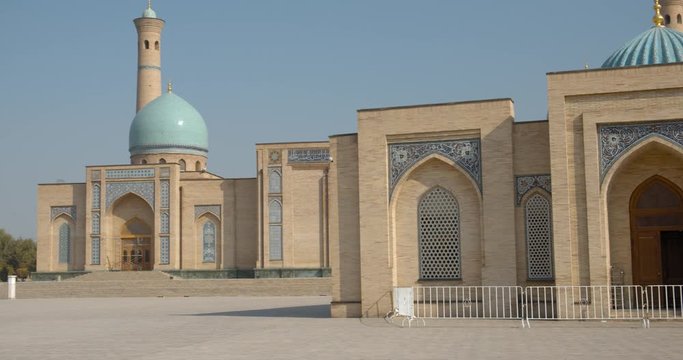 Muslim religious complex, mausoleum Hazrati Imam in Tashkent, Uzbekistan. Part of the medrese is now occupied by artisans. BMPCC4K
