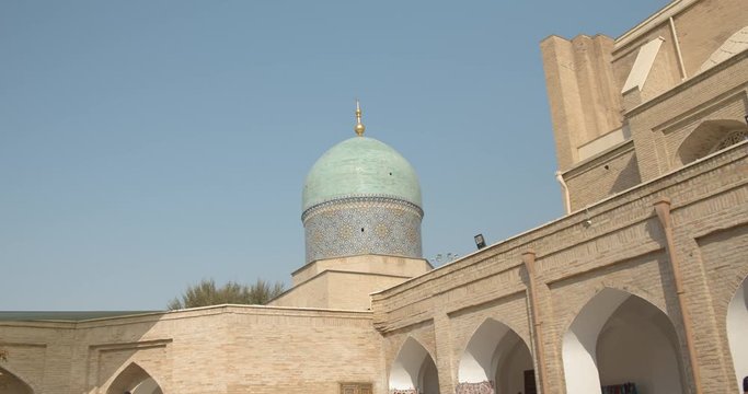 Muslim religious complex, mausoleum Hazrati Imam in Tashkent, Uzbekistan. The minarets that are close to the mosque about 50 meters high. Part of the medrese is now occupied by artisans.
