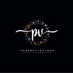 PV initials handwritten logo with flower templates surround the letters. initial wedding template vector