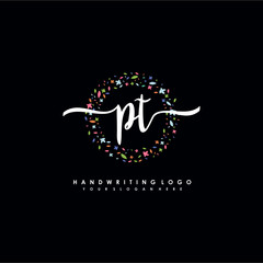 PT initials handwritten logo with flower templates surround the letters. initial wedding template vector