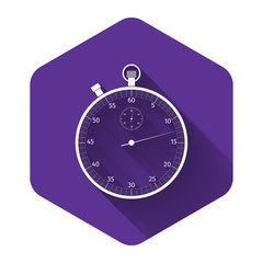 White Classic stopwatch icon isolated with long shadow. Timer icon. Chronometer sign. Purple hexagon button. Vector Illustration