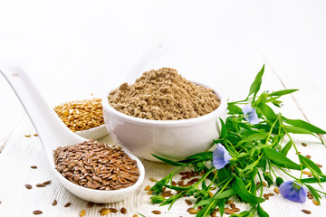 Flour linen in bowl with seeds on light board