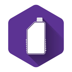 White Household chemicals blank plastic bottle icon with long shadow. Liquid detergent or soap, stain remover, laundry bleach, bathroom or toilet cleaner. Purple hexagon button. Vector Illustration