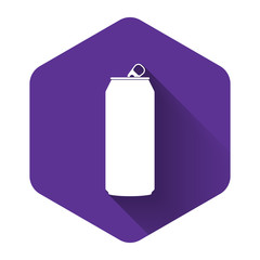 White Aluminum can icon isolated with long shadow. Purple hexagon button. Vector Illustration