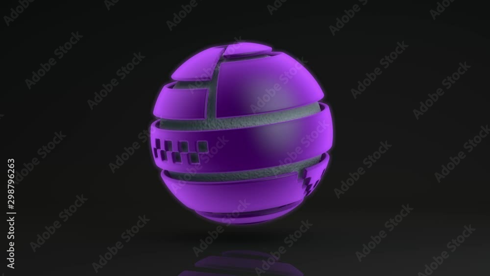 Poster futuristic 3d animation of a sphere cut into segments that glow and rotate randomly around a metal c