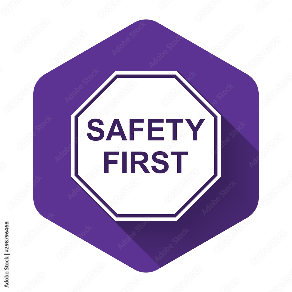 Poster white safety first octagonal shape icon isolated with long shadow. purple hexagon button. vector ill
