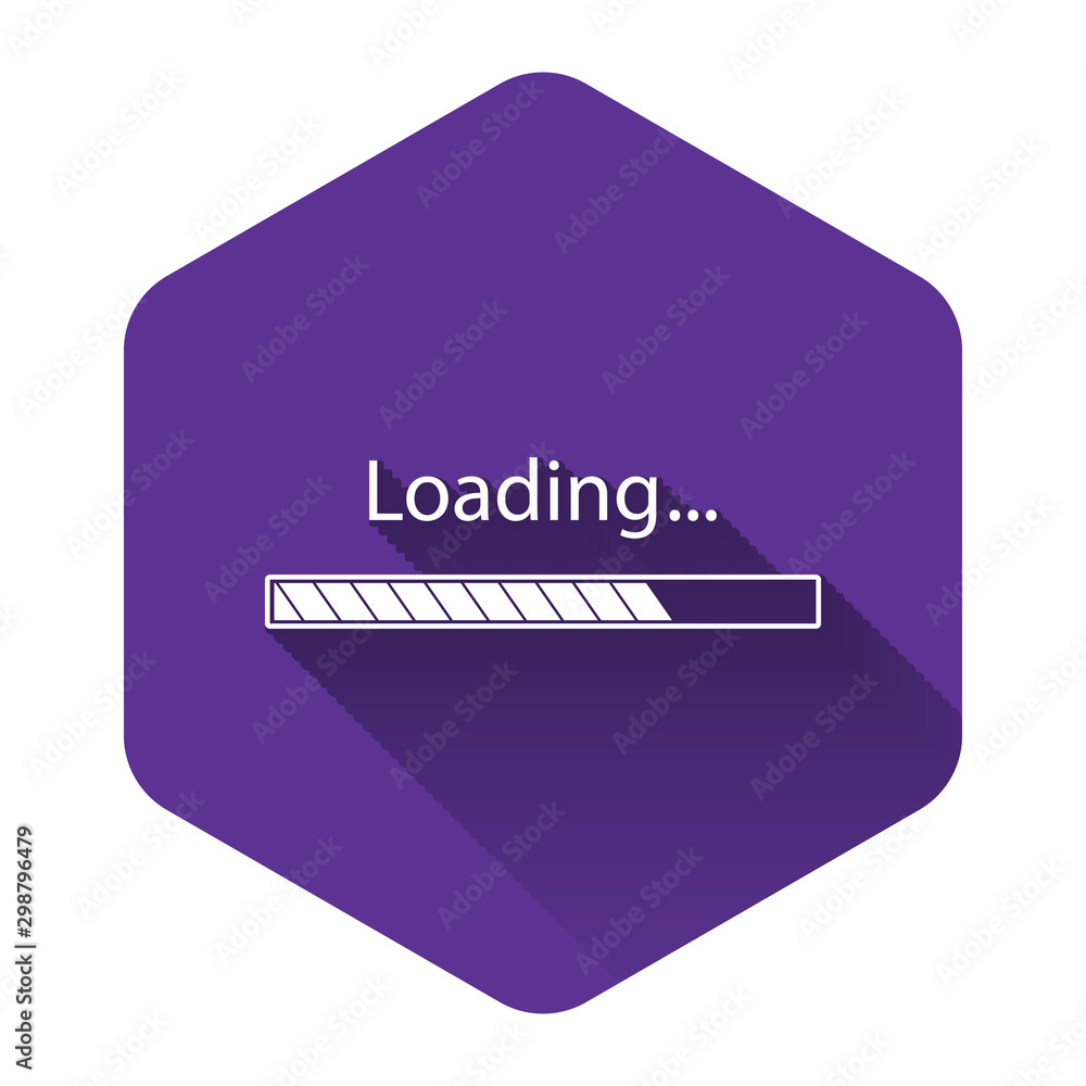 Poster white loading icon isolated with long shadow. progress bar icon. purple hexagon button. vector illus