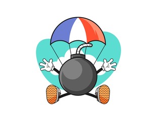 Bomb jumping parachute cartoon. Mascot Character vector.