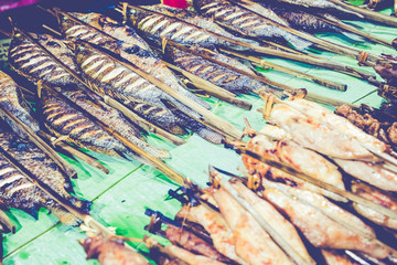 Food bazaar. Traditional buffet at local street food at Night Market at Luang Prabang. Laos.