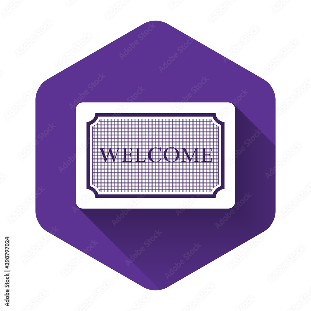 Poster white doormat with the text welcome icon isolated with long shadow. welcome mat sign. purple hexagon