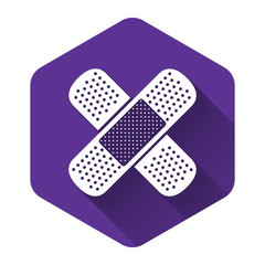 White Set Bandage plaster icon isolated with long shadow. Medical plaster, adhesive bandage, flexible fabric bandage. Purple hexagon button. Vector Illustration
