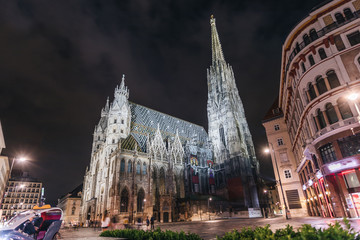 Fototapeta premium St. Stephen's Cathedral on Stefansplatz in Vienna at night with long exposure, Austria.