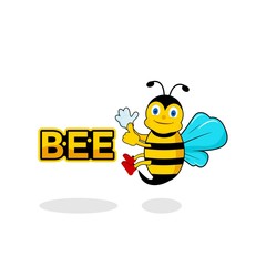 Cartoon cute bee mascot, Cartoon cute bee pointing. Cute bee holding honeycomb. Cute bee holding honey dipper. Vector illustration isolated
