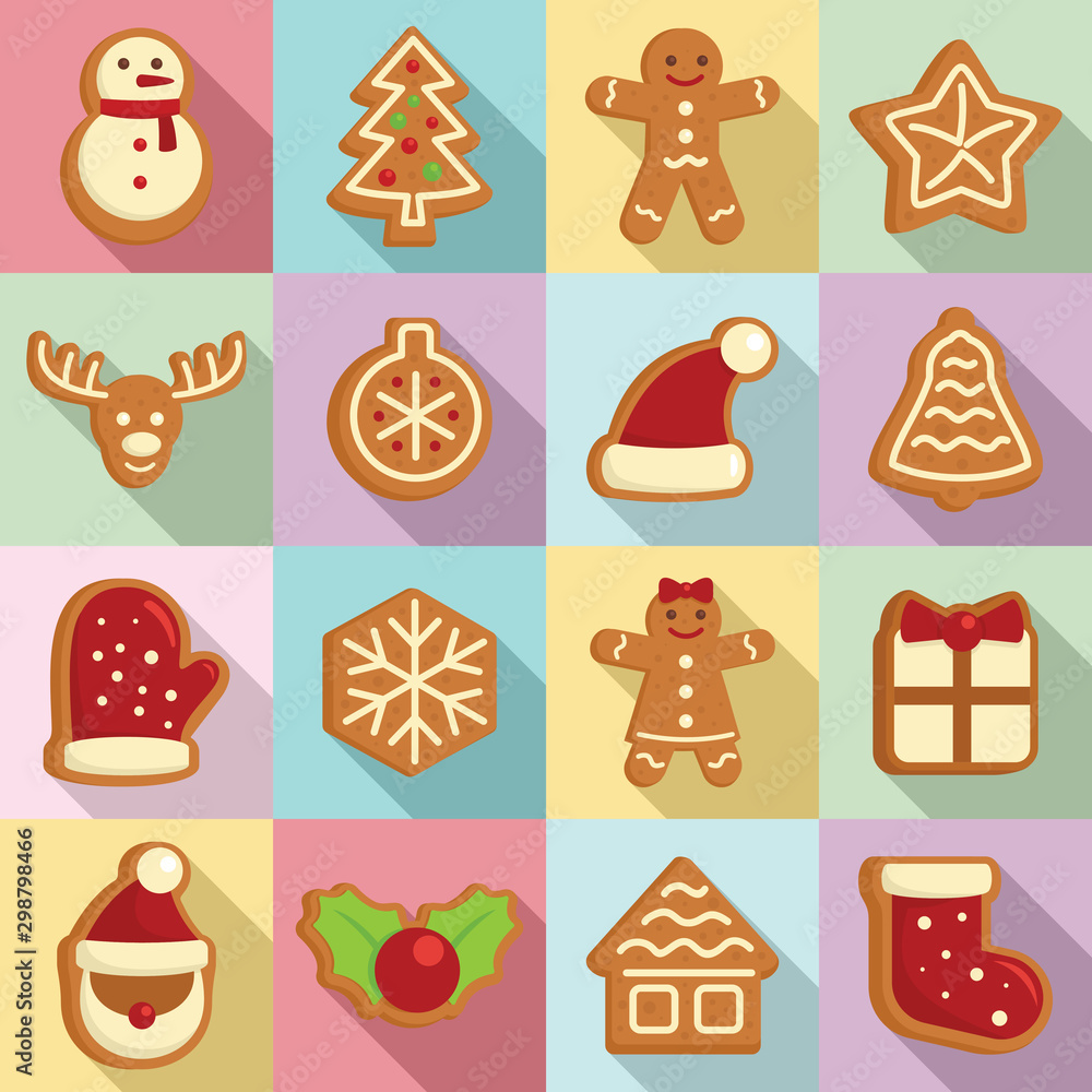 Poster gingerbread icons set. flat set of gingerbread vector icons for web design