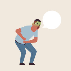 sad guy vomiting nausea stomach ache food or alcohol poisoning digestive problem concept unhappy african american man puking feeling sick flat full length vector illustration