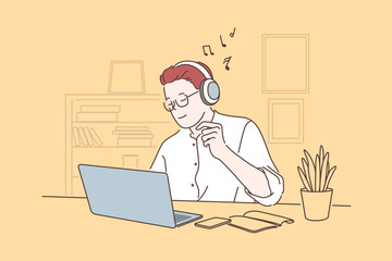 Fototapeta na wymiar Work pause, take break concept. Office worker listening to music, young man working on laptop in headphones, freelancer workplace, employee cabinet, project manager workflow. Simple flat vector