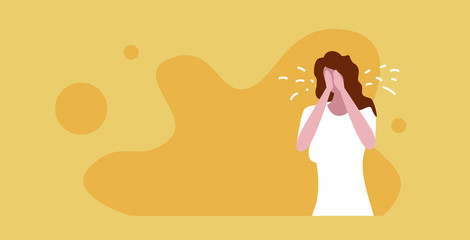 lonely sad girl crying and looking unhappy negative emotion depression stress concept woman covering her face sketch portrait horizontal vector illustration