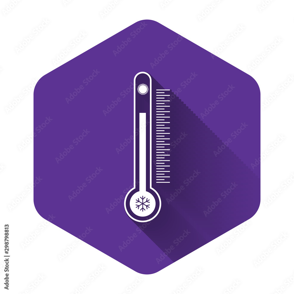 Poster white thermometer with scale measuring heat and cold, with sun and snowflake icon isolated with long