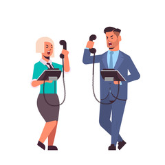 angry businesspeople screaming at phone aggressive businessman boss shouting into telephone at woman secretary emotional pressure conflict bad job concept full length flat vector illustration