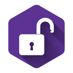 White Open padlock icon isolated with long shadow. Opened lock sign. Cyber security concept. Digital data protection. Safety safety. Purple hexagon button. Vector Illustration