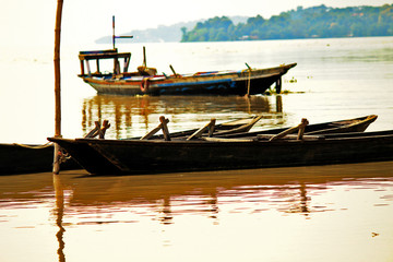Fototapeta premium View of a wooden fishing boat nose at Brahmaputra Rive Assam India.
