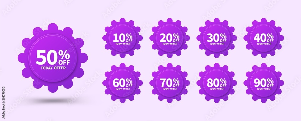 Wall mural today offer. sale tags set template, up to 10, 20, 30, 40, 50, 60, 70, 80, 90 percent off. templates