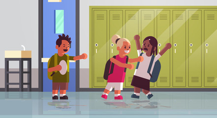 schoolgirl being bullied bully girl pushing nerd classmate aggressive behavior peer violence and bullying concept modern school corridor interior flat full length horizontal vector illustration