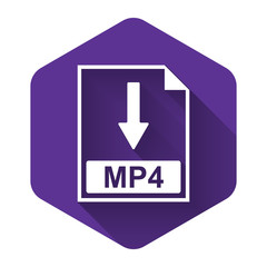 White MP4 file document icon. Download MP4 button icon isolated with long shadow. Purple hexagon button. Vector Illustration