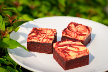 Red velvet cream cheese brownies on white dish
