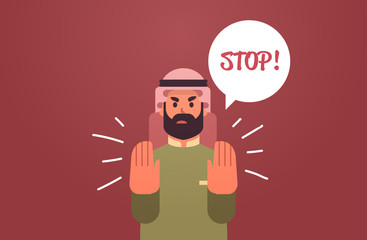 angry arab man saying STOP speech balloon with scream exclamation negation concept furious arabic character showing stop gesture flat portrait horizontal vector illustration