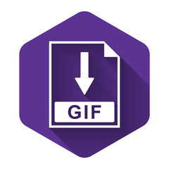 White GIF file document icon. Download GIF button icon isolated with long shadow. Purple hexagon button. Vector Illustration