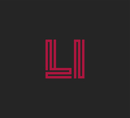 Initial two letter red line shape logo on black vector LI
