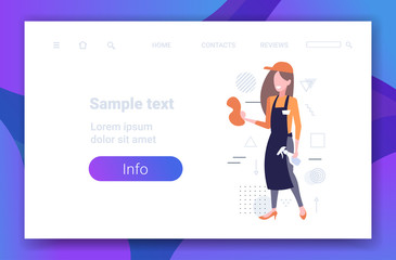 woman cleaner holding rag and spray plastic bottle female janitor in uniform spraying and wiping at work cleaning service concept full length sketch copy space horizontal vector illustration